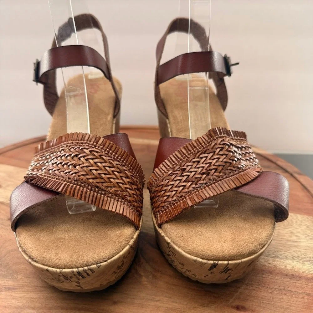 Jellpop Sharna Brown Woven Fringe Womens 8M Cork Platform‎ Wedge Sandals
